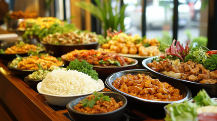Obraz premium Buffet of Asian cuisine with a wide variety of dishes including stir-fried meats, rice, vegetables, and sauces served in bowls and trays. Delicious food presentation perfect for restaurant promotion, 