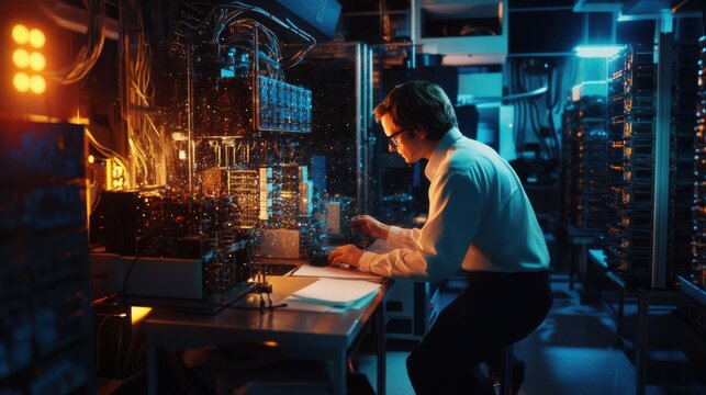 A quantum computing engineer developing quantum machine learning algorithms for optimization, research lab with quantum computers, machine learning models