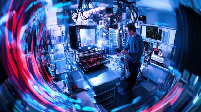 A quantum computing engineer developing quantum machine learning algorithms for optimization, research lab with quantum computers, machine learning models