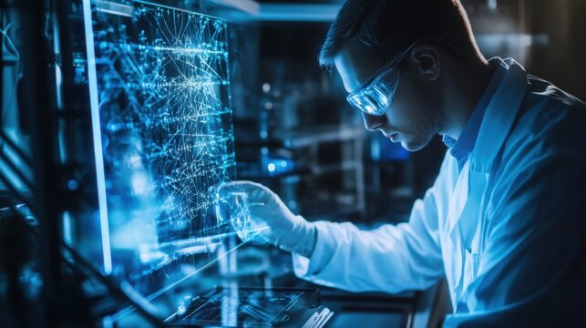 A quantum computing engineer experimenting with quantum encryption methods, lab with quantum computers and encryption software visible, High-tech style