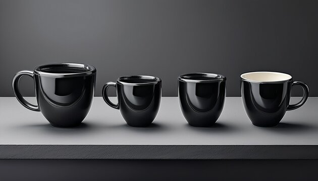 four distinct black coffee cups in various sizes and styles arranged in a grid format showcasing their simple elegant designs
