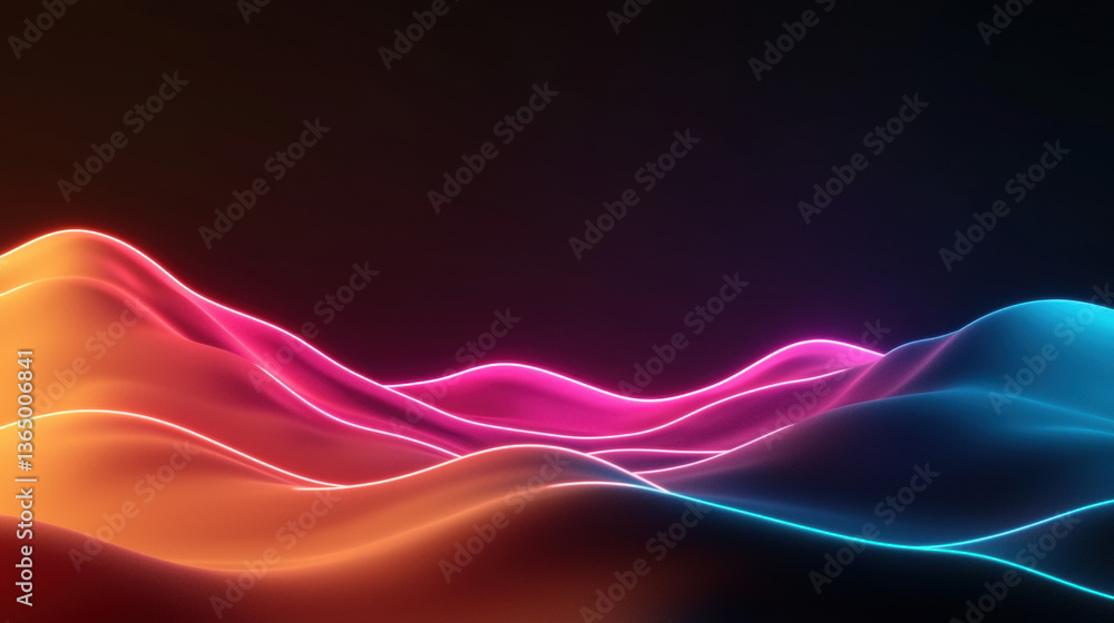 Poster vibrant neon waves pulse dynamically in abstract, colorful l cape. energy flows smoothly, creating m