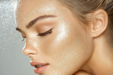 Spraying facial mist enhances glowing skin in natural light during a beauty routine