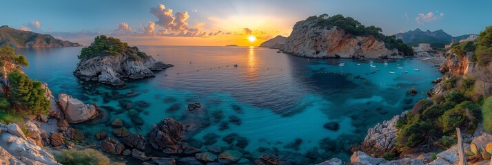  A quiet cove at sunset, where the water is calm and crystal clear, reflecting the vibrant colors of the sky as the sun sets behind distant mountains, creating a peaceful atmosphere 