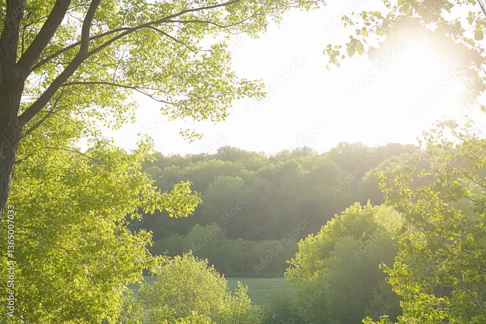 Poster sunbeams pierce through dense fog in an enchanting forest at dawn