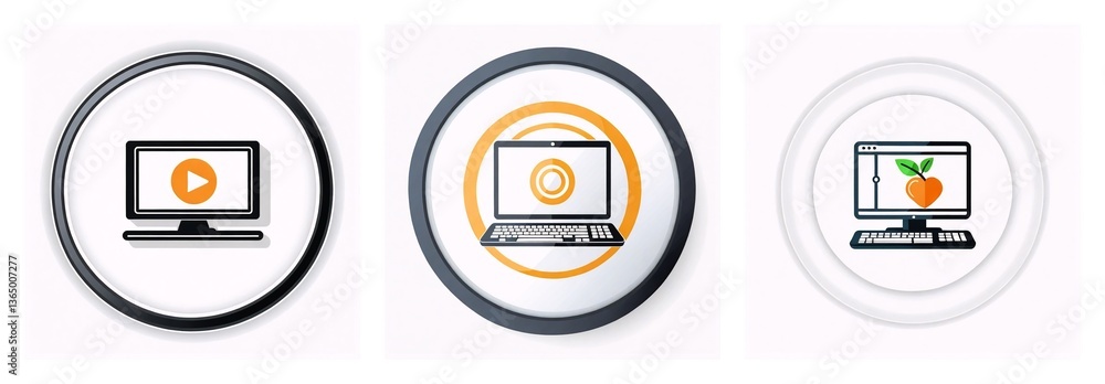 Poster three circular icons showing digital devices. first is monitor with play icon, second laptop with ci