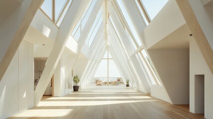 Obraz premium Modern penthouse interior with triangular skylight, bright and airy. Interior design
