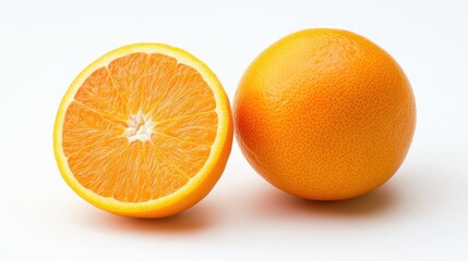Fresh orange fruit, halves on white background, food photography, healthy eating, close-up, stock