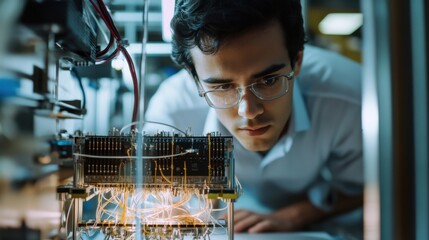 A quantum computing expert developing algorithms for quantum machine learning, lab with quantum processors and AI models visible, High-tech style