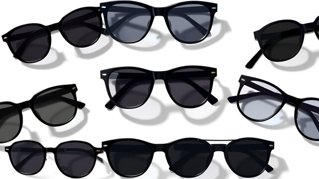 Big set of fashionable black sunglasses on white background. Black glasses isolated with shadow for your design. Vector illustration. - Powered by Adobe