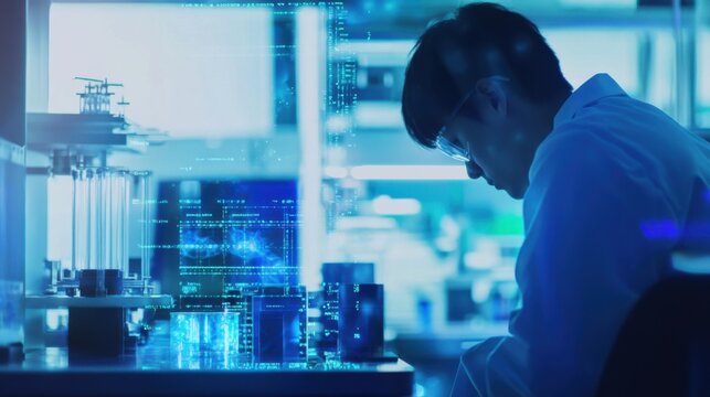 A quantum computing programmer optimizing algorithms, clean lab with quantum processors and code on digital screens, High-tech style