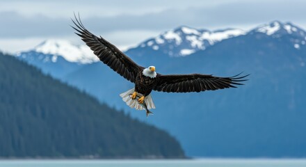 Naklejka premium Bald Eagle Soaring with Fish Catch Over Mountains