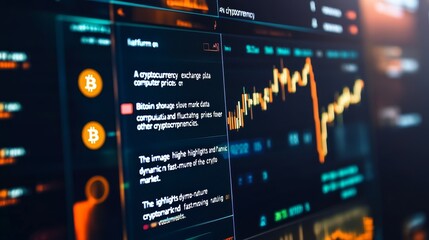 "A cryptocurrency exchange platform on a computer screen, showing live market data and fluctuating prices for Bitcoin and other cryptocurrencies.