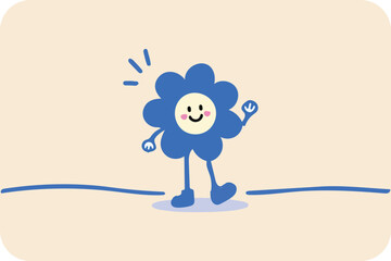 Animated Blue Flower Character Waving Hello on Soft Beige Background, Whimsical and Playful Design