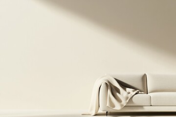 Minimalist interior showcasing cozy sofa draped with soft blanke