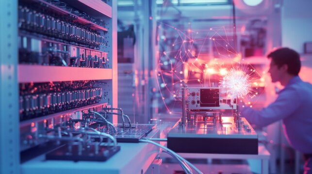 A quantum computing researcher running experiments, high-tech lab with quantum computers and simulation results displayed in the background, High-tech style