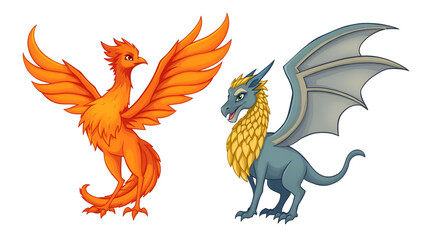 Fantasy creatures, phoenix and hippogriff. Fire bird and mythical animal characters with wings. Circle icons with fairytale beasts isolated on white background, vector cartoon illustration