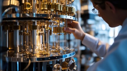 A quantum computing scientist applying quantum algorithms for financial portfolio optimization, office with financial data and quantum models visible, High-tech style