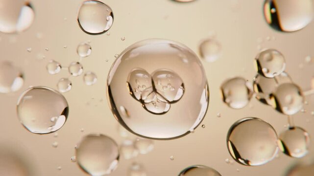 Concept health, motion camera zoom. Science and beauty. 3D Golden Collagen Skin Serum and Vitamin isolated on light brown yellow color background. concept skin care cosmetics solution. 3d render