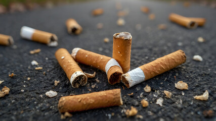 cigarette butts fall on the asphalt road
