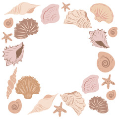 Beige Template with seashells. Hand drawn Illustration of seabed background for invitation or greeting cards. Marine border for nursery posters or nautical borders