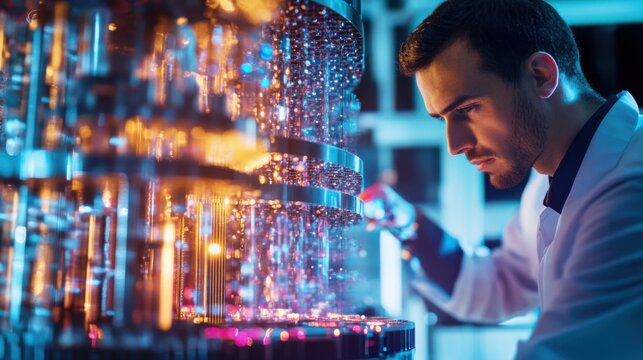 A quantum computing scientist applying quantum algorithms for financial portfolio optimization, office with financial data and quantum models visible, High-tech style