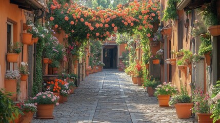 Fototapeta premium Flower-draped alleyway in a quaint town