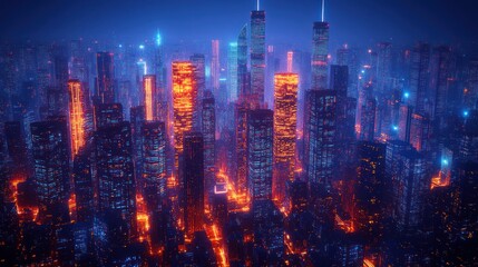 Fototapeta premium Futuristic city skyline at night, glowing buildings, vibrant colors