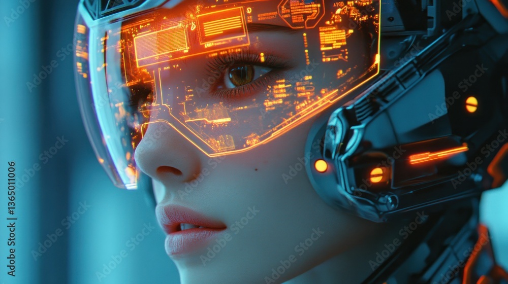 Poster future woman augmented reality interface displaying innovative technology and connection to digital 