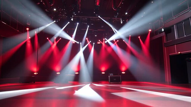 Stunning stage lights illuminate an empty venue ready for an exciting performance or event in vibrant red and white hues