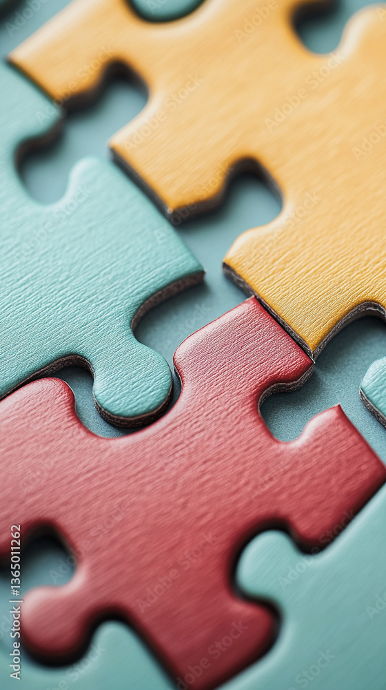 Poster close-up of interlocking puzzle pieces in teal, red, and yellow hues, showcasing a textured surface.