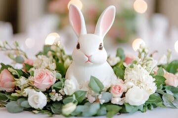 Obraz premium Elegant Ceramic Easter Bunny with Spring Flowers on Festive Holiday Table Decor