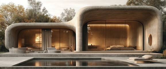 Fototapeta premium Modern, curved concrete house with pool. Warm, minimalist interior visible through large windows