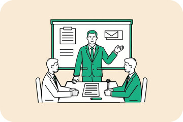 Business Meeting Presentation with Three People, Leader Explaining Strategy on Whiteboard, Vector Illustration