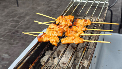 Grilled pork skewers cooking on charcoal grill