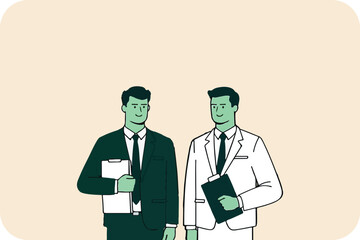 Two Businessmen in Suits Holding Clipboards, Professional Collaboration and Partnership Illustration on Soft Beige Background