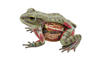 Detailed Anatomical Illustration of a Frog Showcasing Internal Organs, Musculature, and Unique Features for Educational Purposes