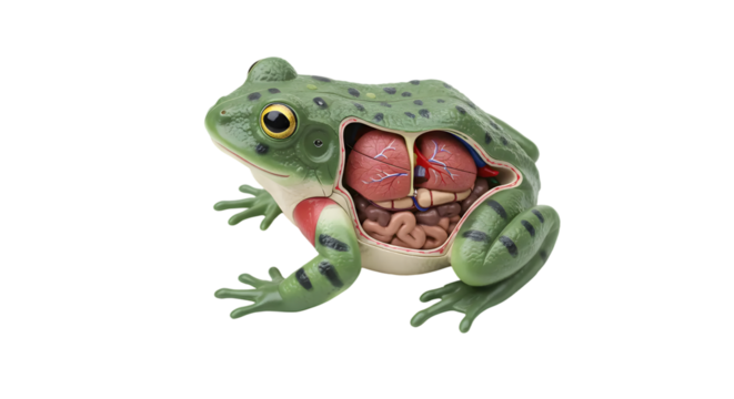 Detailed Illustration of a Green Frog with Exposed Anatomy Showing Internal Organs Including Lungs, Heart and Digestive System for Educational Purposes