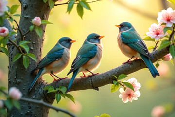 Colorful Birds Singing on a Tree Branch – Vibrant Feathers, Spring Blossoms, and Nature Harmony in Warm Golden Sunlight