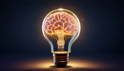 a symbolic representation of great ideas and creativity featuring a glowing brain inside a lightbulb placed against a dark background