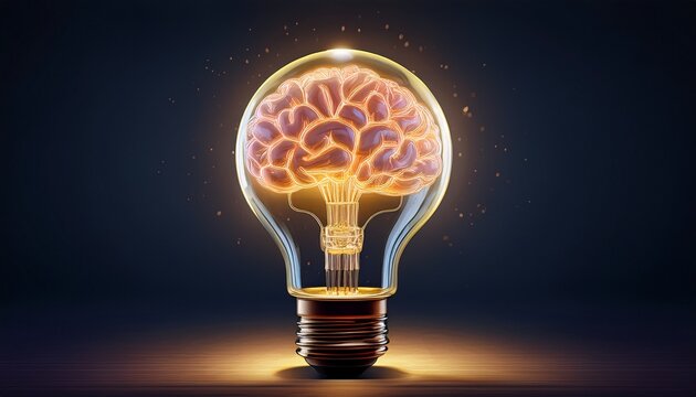 a symbolic representation of great ideas and creativity featuring a glowing brain inside a lightbulb placed against a dark background
