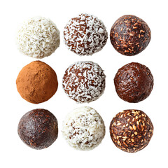  A variety of homemade energy balls made with dates, coconut, and cocoa, isolated on white background