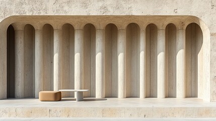 Naklejka premium Minimalist beige stone columns frame a low bench and table. Sunlight highlights the scene