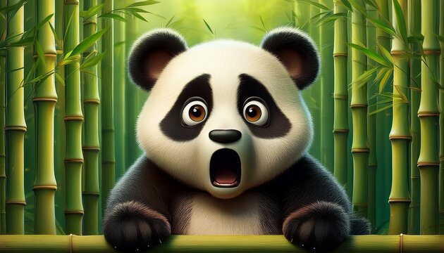 S&uuml;&szlig;er, erschrockener Pandab&auml;r vor einem Bambuswald im Comic-Stil.
