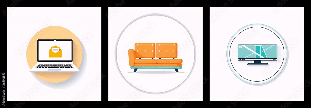 Poster three circular icons display a laptop with email, an orange sofa, and a flat-screen tv. simple graph