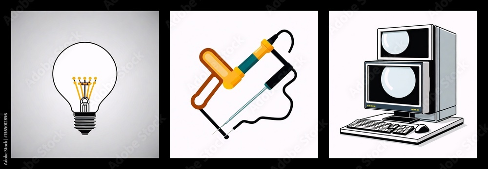 Poster three squares depict a lit light bulb symbolizing ideas, a soldering iron tool for repair work, and 