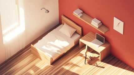 Isometric Interior of a Child's Bedroom with Wooden Furniture