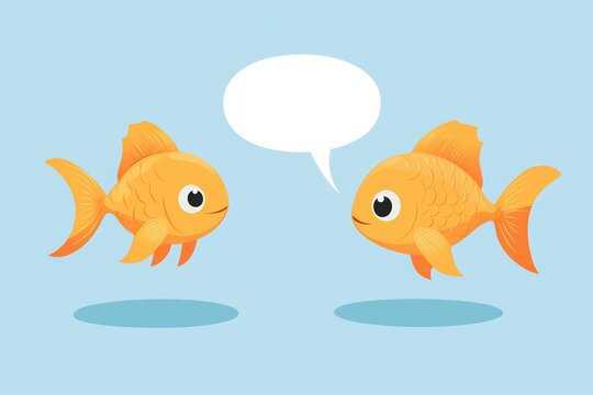 Cute Cartoon Goldfish Talking with Speech Bubble on Blue Background