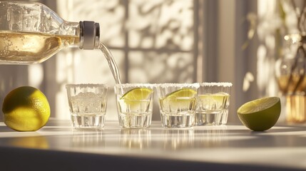 Tequila Shots Being Poured, Sunny Window, Festive Atmosphere, Interior