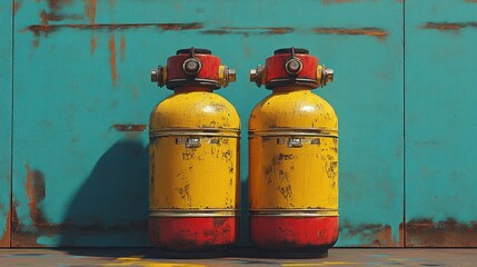 Two weathered yellow and red cylindrical containers against a rustic teal backdrop